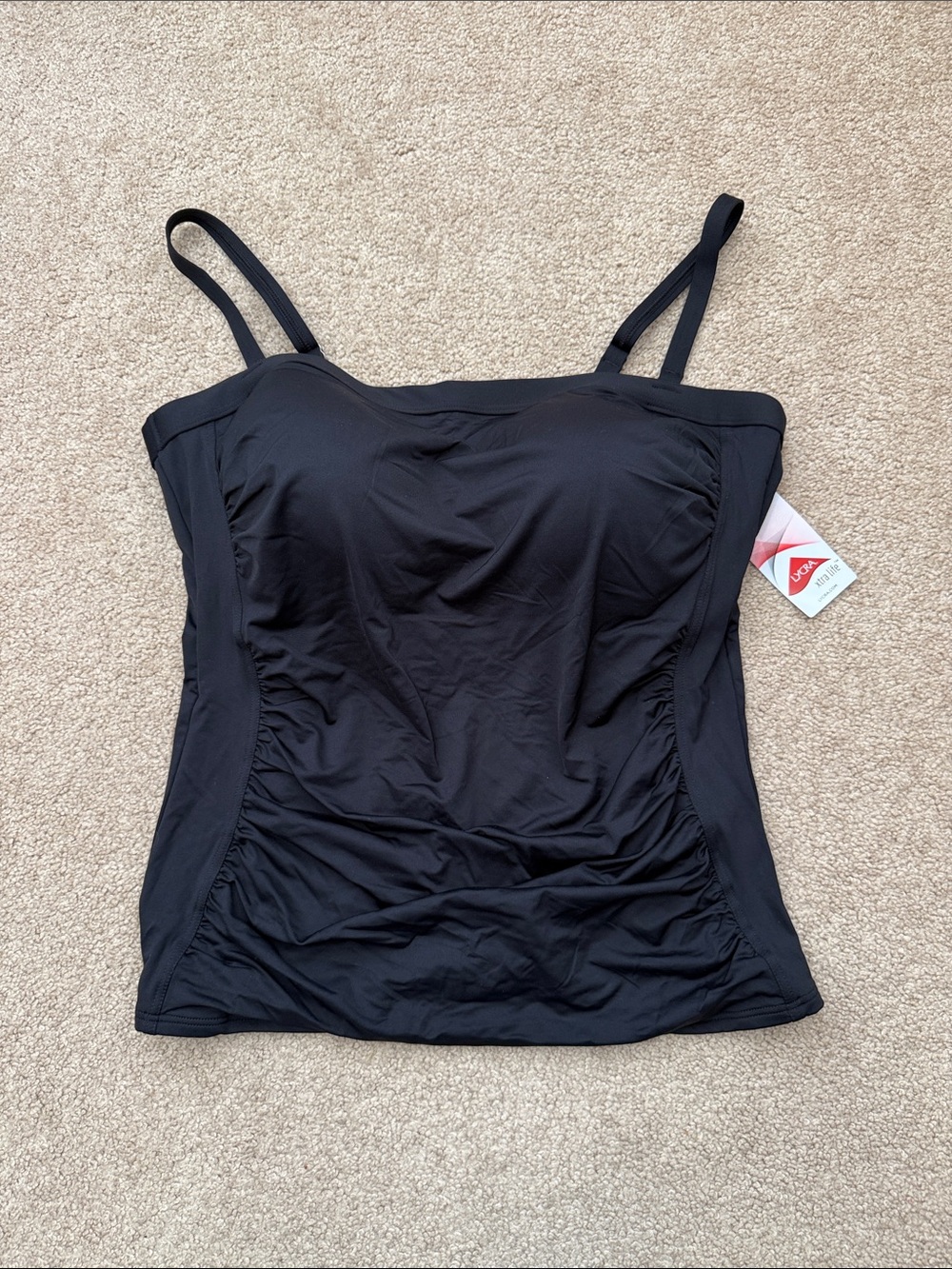 Lands' End Bandeau Strap Wireless Ruched Classic Black Tankini Top Size 16